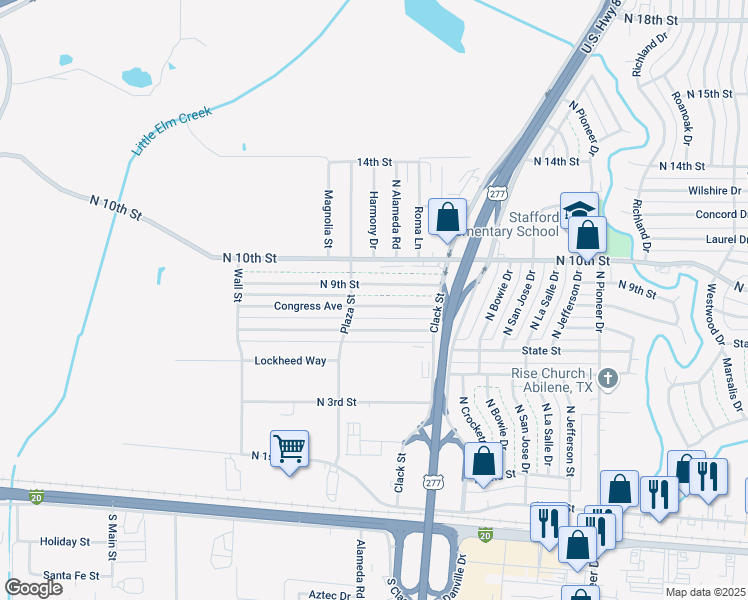map of restaurants, bars, coffee shops, grocery stores, and more near 5233 Congress Avenue in Abilene