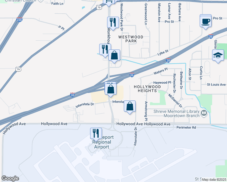 map of restaurants, bars, coffee shops, grocery stores, and more near 5103 Monkhouse Drive in Shreveport