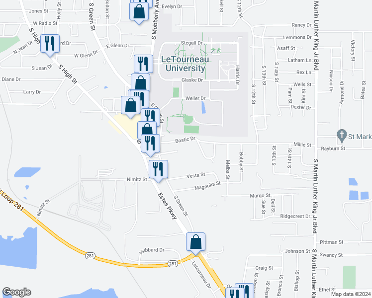 map of restaurants, bars, coffee shops, grocery stores, and more near 222 Bostic Drive in Longview