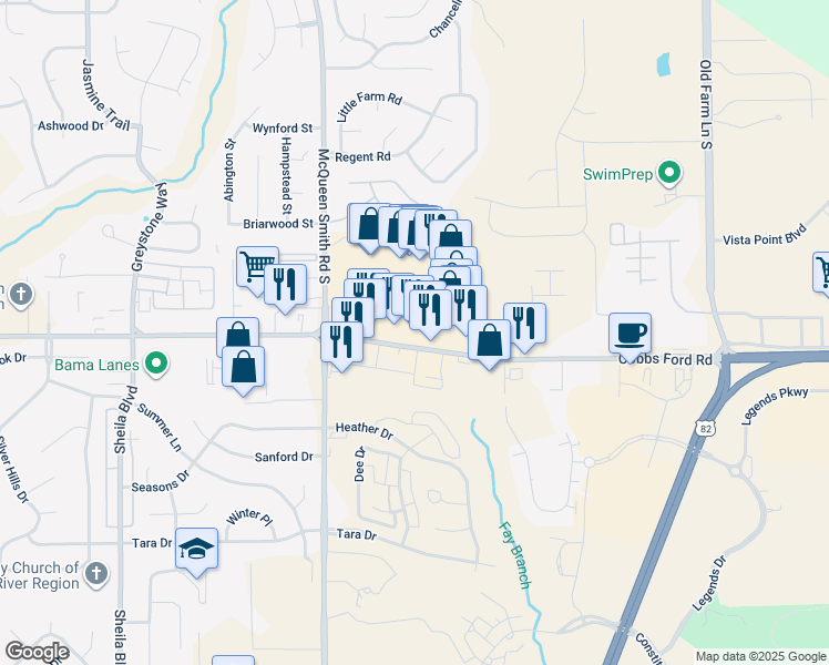 map of restaurants, bars, coffee shops, grocery stores, and more near 1917 Cobbs Ford Road in Prattville