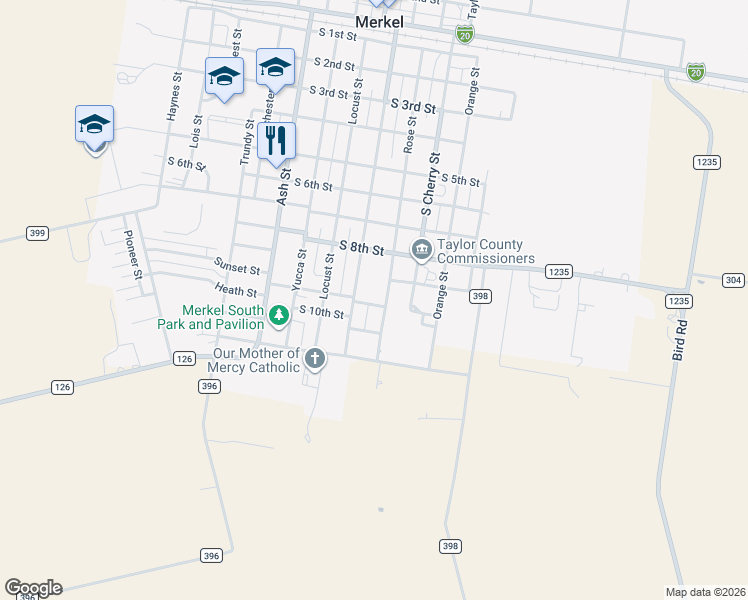 map of restaurants, bars, coffee shops, grocery stores, and more near 903 Rose Street in Merkel