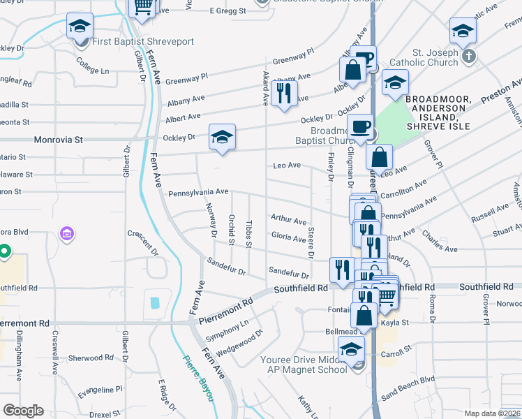 map of restaurants, bars, coffee shops, grocery stores, and more near 4510 Akard Avenue in Shreveport