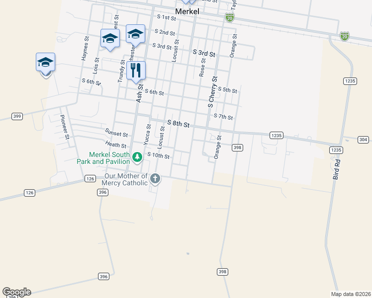 map of restaurants, bars, coffee shops, grocery stores, and more near 903 Rose Street in Merkel