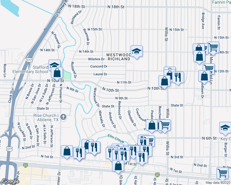 map of restaurants, bars, coffee shops, grocery stores, and more near 3833 North 10th Street in Abilene