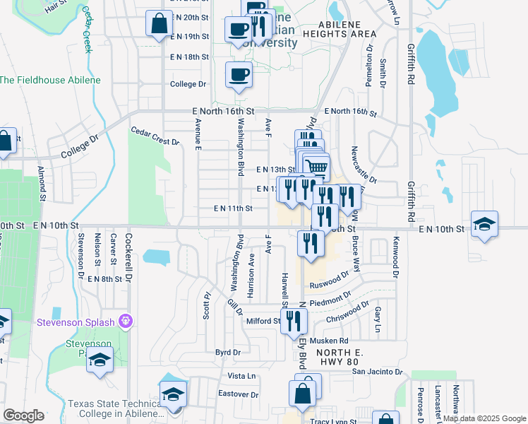 map of restaurants, bars, coffee shops, grocery stores, and more near 849 East North 11th Street in Abilene