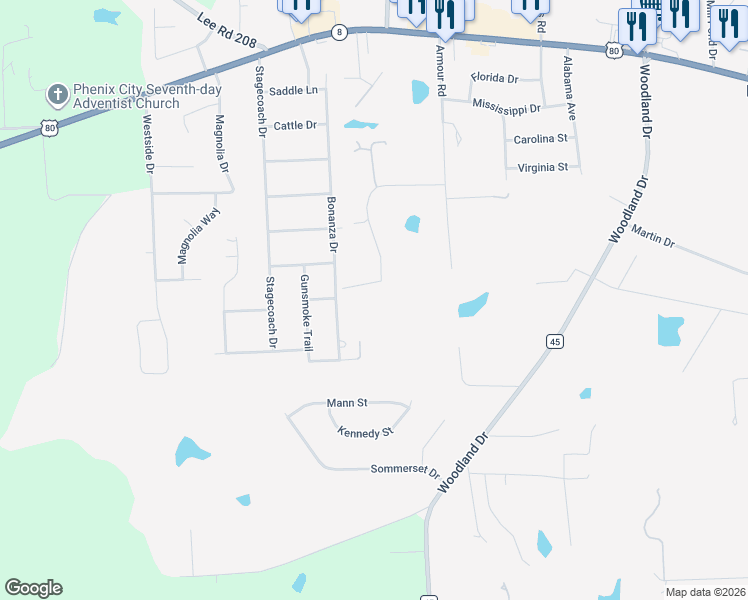 map of restaurants, bars, coffee shops, grocery stores, and more near 47 Hancock Road in Phenix City
