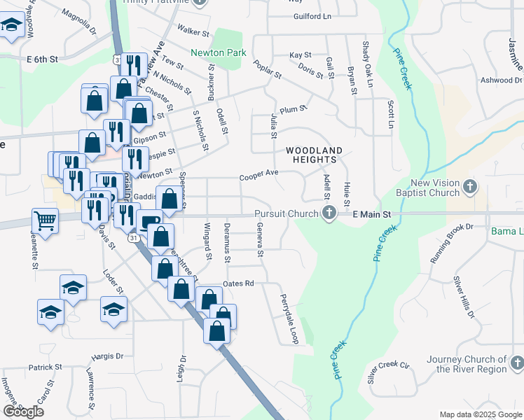 map of restaurants, bars, coffee shops, grocery stores, and more near 1195 East Main Street in Prattville