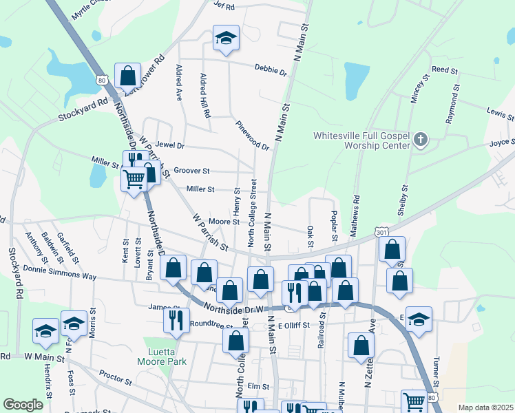 map of restaurants, bars, coffee shops, grocery stores, and more near 308a North College Street in Statesboro