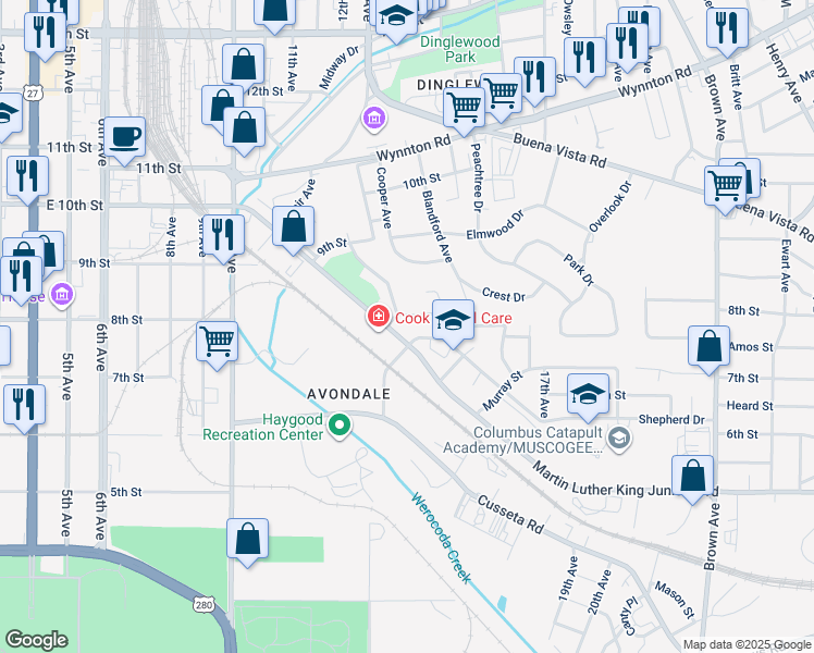 map of restaurants, bars, coffee shops, grocery stores, and more near 1196 Martin Luther King Junior Boulevard in Columbus