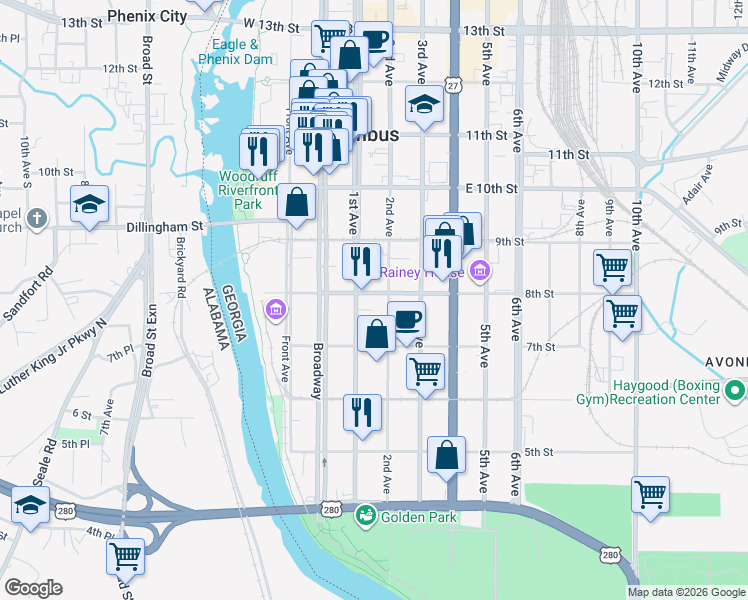 map of restaurants, bars, coffee shops, grocery stores, and more near 724 1st Avenue in Columbus