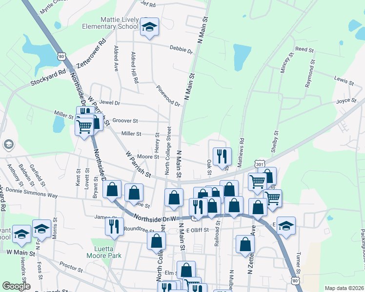 map of restaurants, bars, coffee shops, grocery stores, and more near 3 East Moore Street in Statesboro