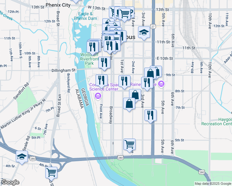 map of restaurants, bars, coffee shops, grocery stores, and more near 744 Broadway in Columbus