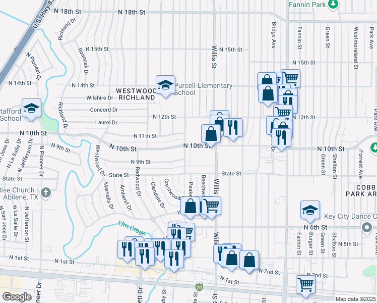 map of restaurants, bars, coffee shops, grocery stores, and more near 975 Minter Lane in Abilene