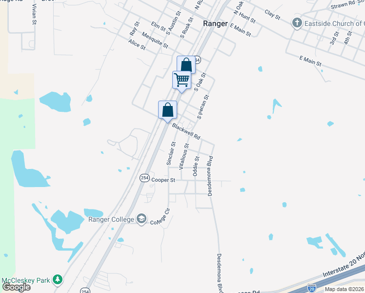map of restaurants, bars, coffee shops, grocery stores, and more near 1023 Vitalious Street in Ranger