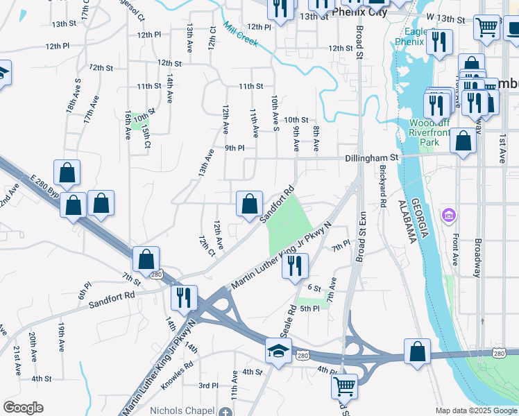map of restaurants, bars, coffee shops, grocery stores, and more near 924 County Road 28 in Phenix City