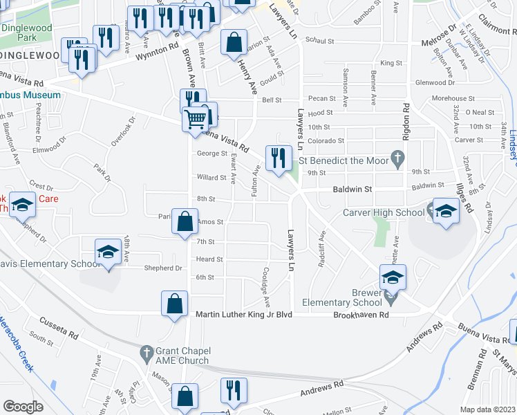 map of restaurants, bars, coffee shops, grocery stores, and more near 758 Fulton Avenue in Columbus