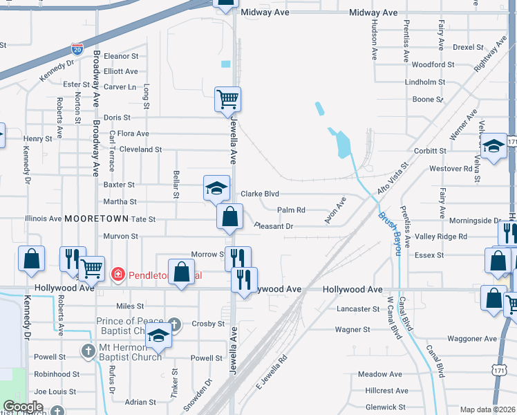 map of restaurants, bars, coffee shops, grocery stores, and more near 3533 Clarke Boulevard in Shreveport