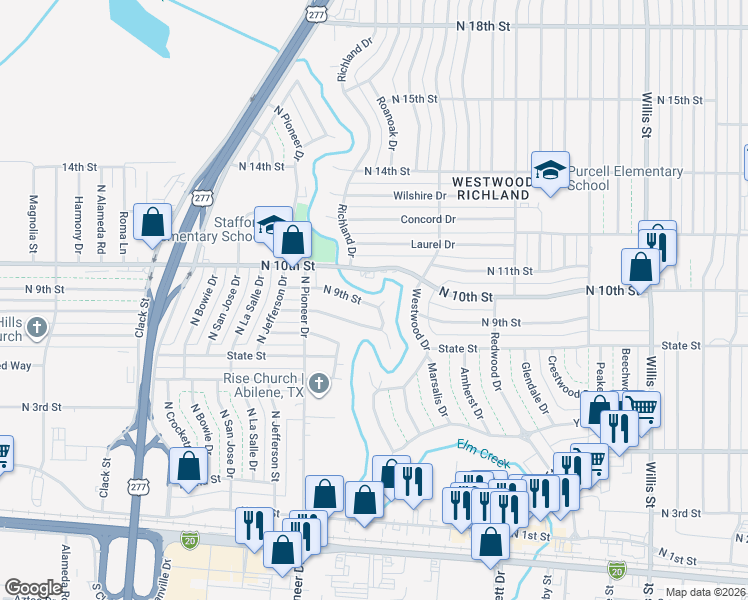map of restaurants, bars, coffee shops, grocery stores, and more near 4051 North 10th Street in Abilene