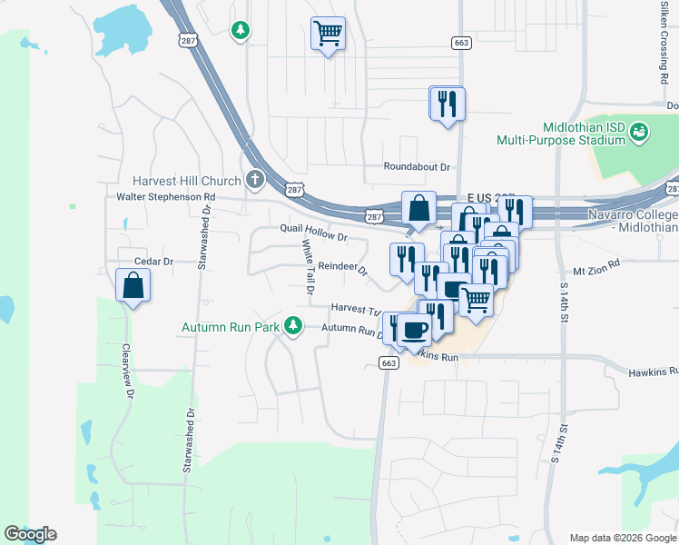map of restaurants, bars, coffee shops, grocery stores, and more near 602 Reindeer Drive in Midlothian