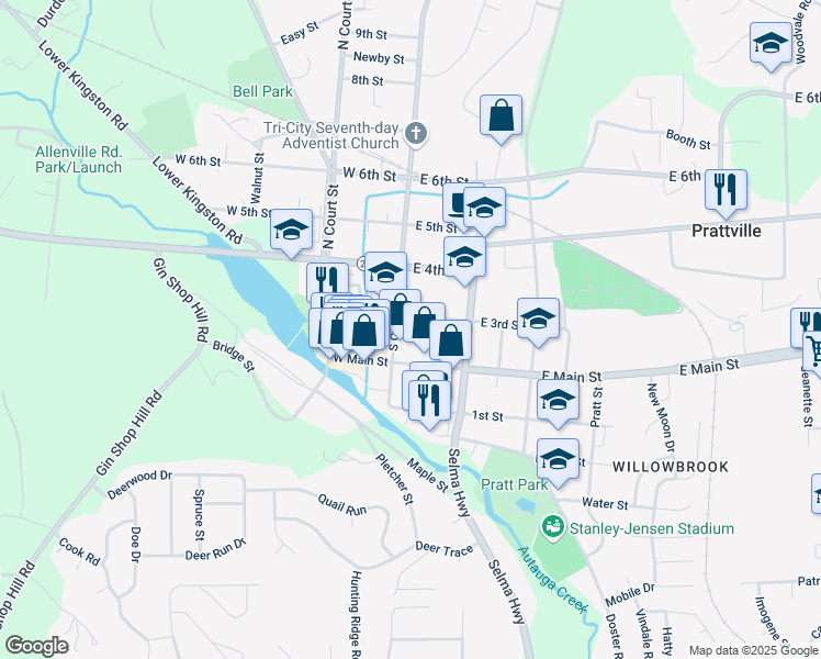 map of restaurants, bars, coffee shops, grocery stores, and more near 119 E 3rd St in Prattville