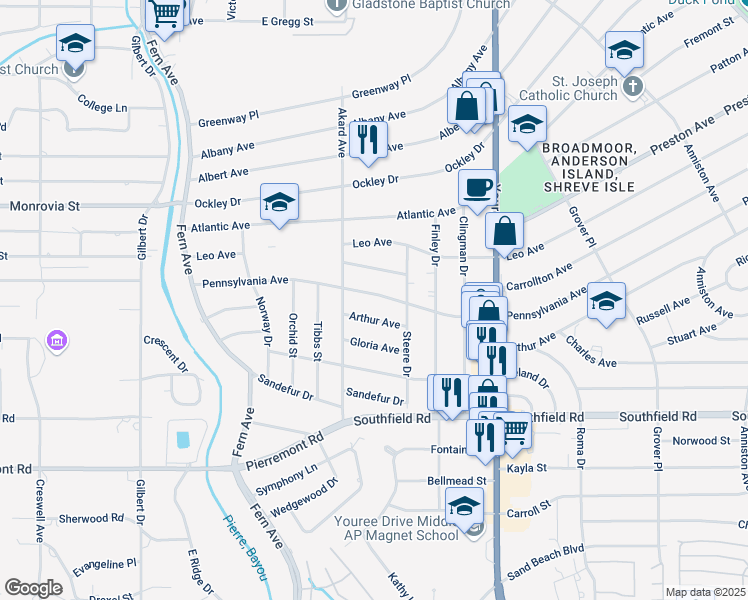 map of restaurants, bars, coffee shops, grocery stores, and more near 363 Pennsylvania Avenue in Shreveport