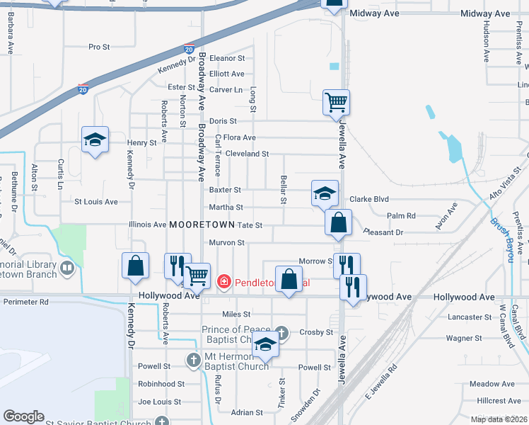 map of restaurants, bars, coffee shops, grocery stores, and more near 3924 Martha Street in Shreveport