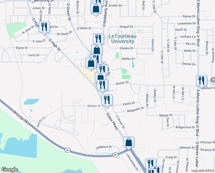 map of restaurants, bars, coffee shops, grocery stores, and more near 2403 South Green Street in Longview