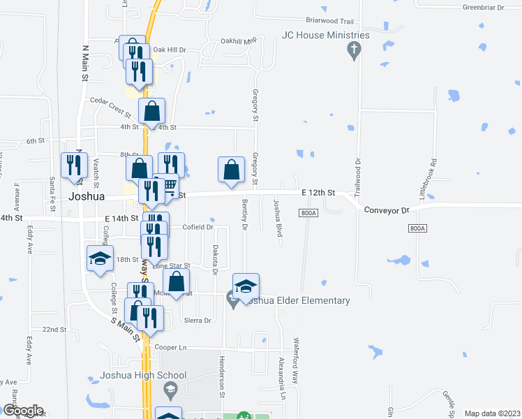 map of restaurants, bars, coffee shops, grocery stores, and more near 103 Honey Bee Drive in Joshua
