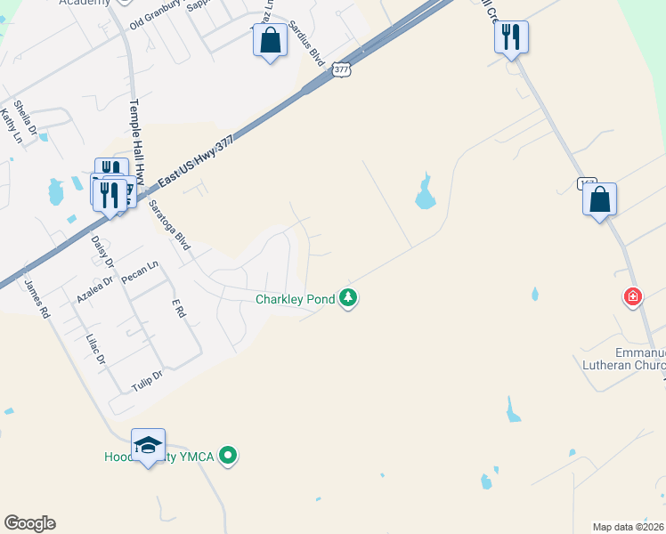 map of restaurants, bars, coffee shops, grocery stores, and more near 4805 East Highway 377 in Granbury
