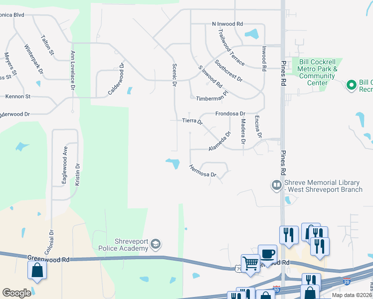 map of restaurants, bars, coffee shops, grocery stores, and more near 4215 Scenic Drive in Shreveport