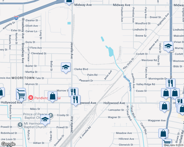 map of restaurants, bars, coffee shops, grocery stores, and more near 3442 Palm Road in Shreveport
