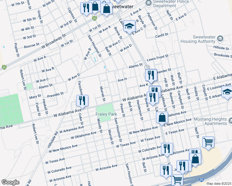 map of restaurants, bars, coffee shops, grocery stores, and more near 705 Sam Houston Street in Sweetwater