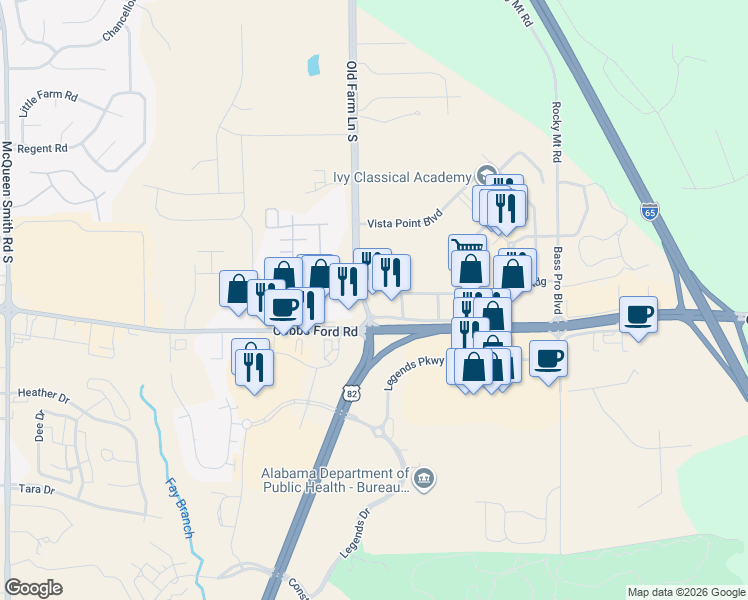 map of restaurants, bars, coffee shops, grocery stores, and more near 314 Old Farm Lane South in Prattville