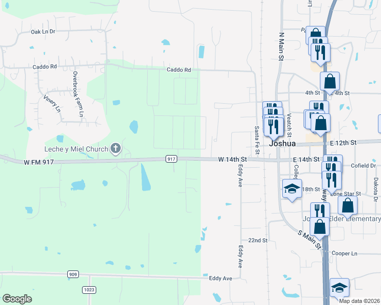 map of restaurants, bars, coffee shops, grocery stores, and more near 804 Farm to Market Road 917 in Joshua