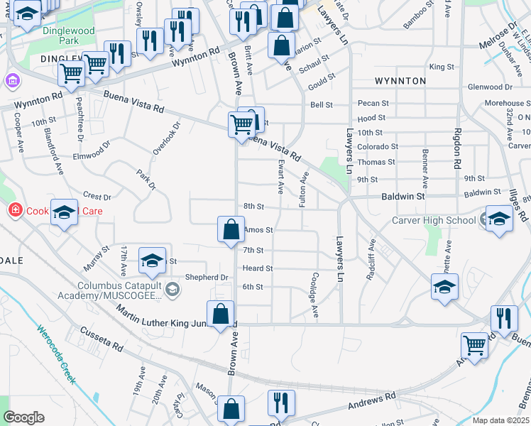 map of restaurants, bars, coffee shops, grocery stores, and more near 2217 8th Street in Columbus