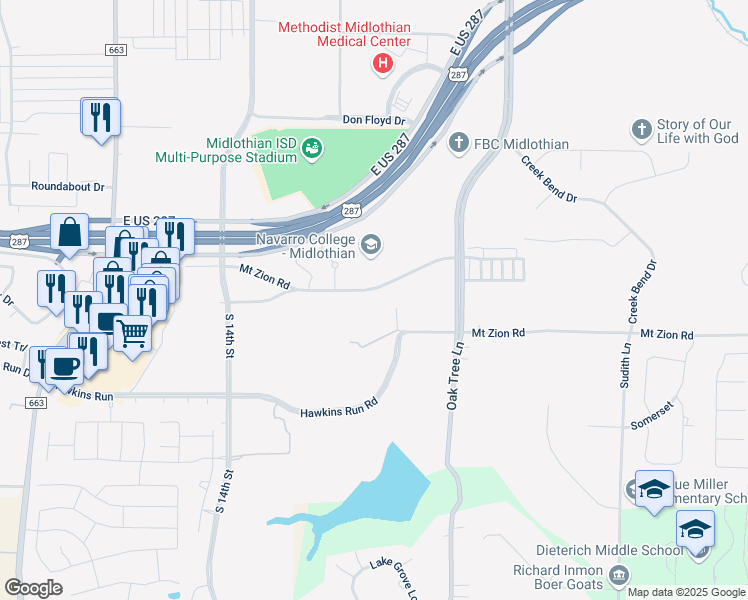 map of restaurants, bars, coffee shops, grocery stores, and more near 850 Mount Zion Road in Midlothian