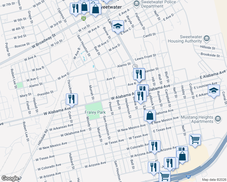 map of restaurants, bars, coffee shops, grocery stores, and more near 710 Bell Street in Sweetwater