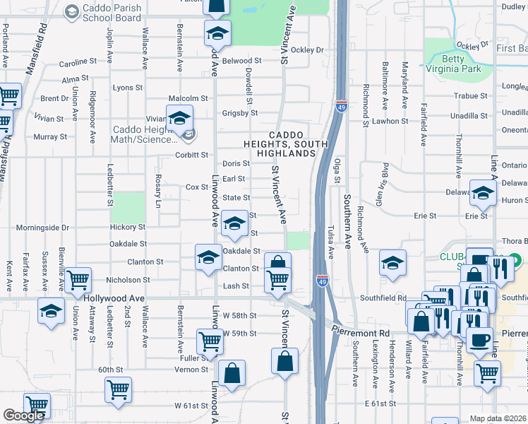 map of restaurants, bars, coffee shops, grocery stores, and more near 1442 Natalie Street in Shreveport