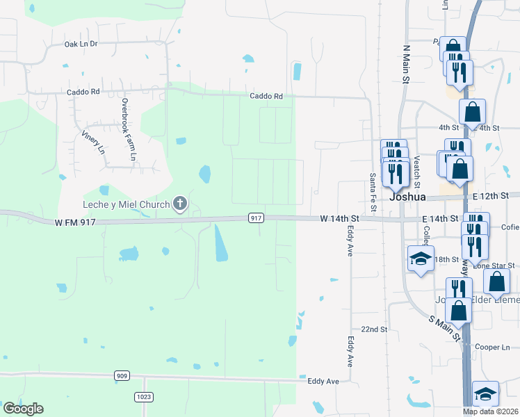 map of restaurants, bars, coffee shops, grocery stores, and more near 804 Farm to Market Road 917 in Joshua