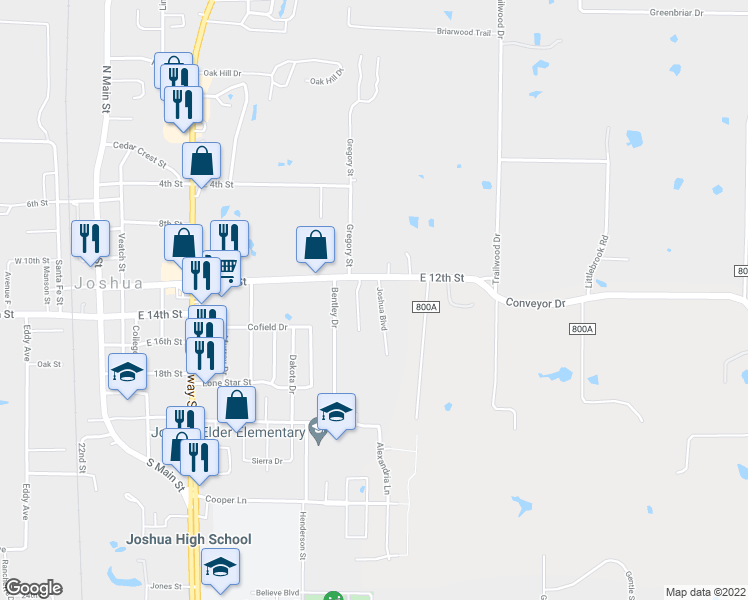 map of restaurants, bars, coffee shops, grocery stores, and more near 200 Joshua Boulevard in Joshua