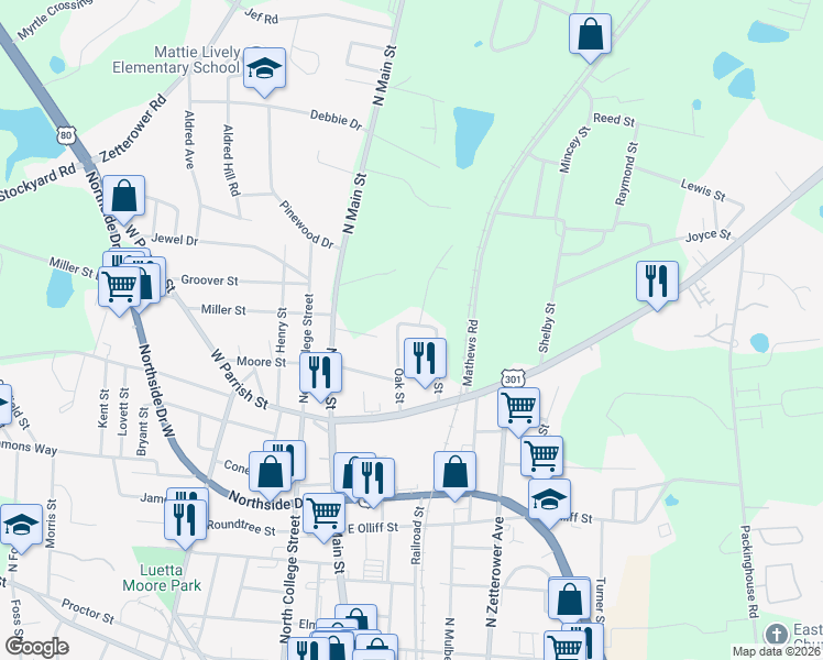 map of restaurants, bars, coffee shops, grocery stores, and more near 17 Overland Street in Statesboro