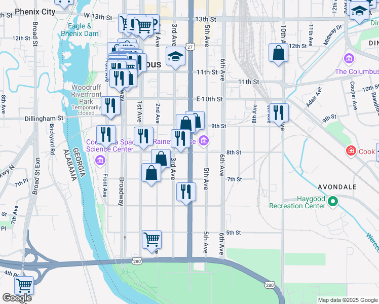 map of restaurants, bars, coffee shops, grocery stores, and more near in Columbus