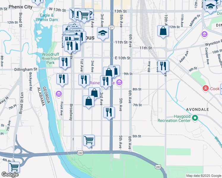 map of restaurants, bars, coffee shops, grocery stores, and more near in Columbus