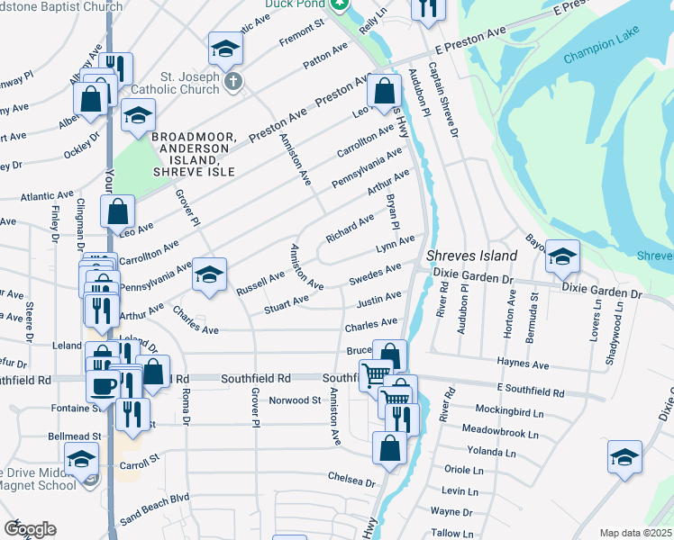 map of restaurants, bars, coffee shops, grocery stores, and more near 174 Lynn Avenue in Shreveport