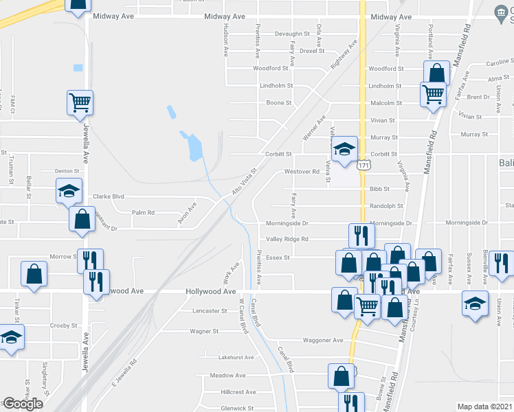 map of restaurants, bars, coffee shops, grocery stores, and more near 5341 Prentiss Avenue in Shreveport