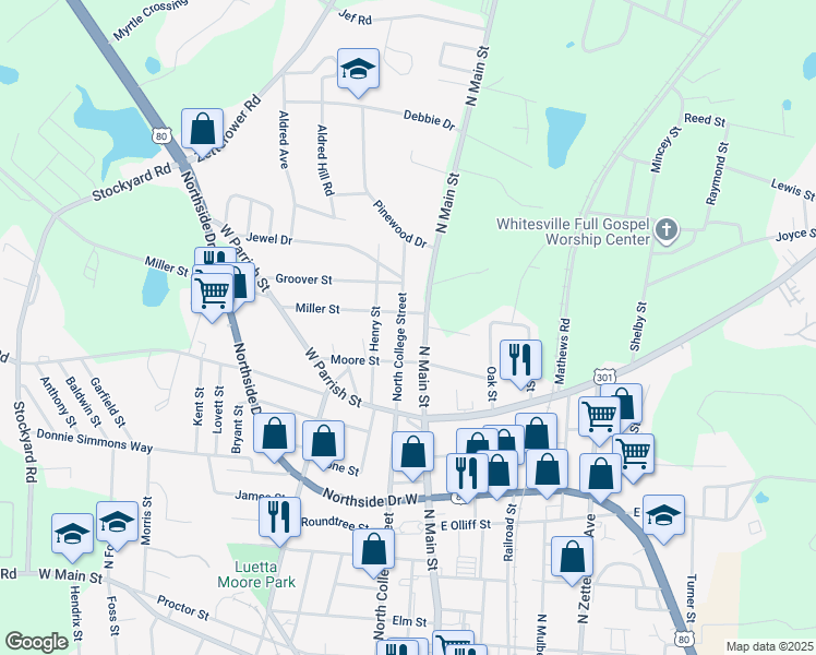 map of restaurants, bars, coffee shops, grocery stores, and more near 342 North College Street in Statesboro