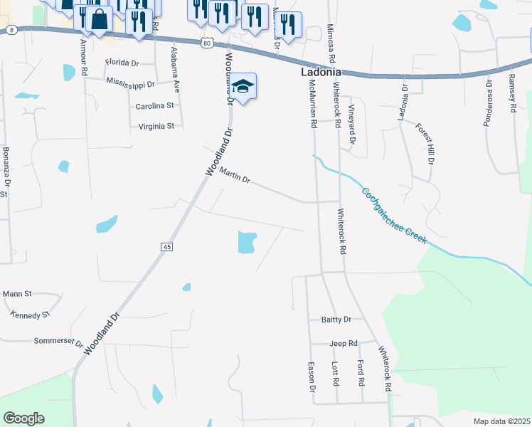 map of restaurants, bars, coffee shops, grocery stores, and more near 25 Patricia Drive in Phenix City