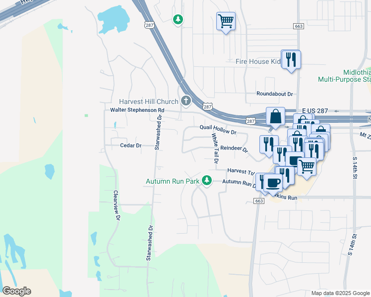 map of restaurants, bars, coffee shops, grocery stores, and more near 2025 Wild Turkey Drive in Midlothian