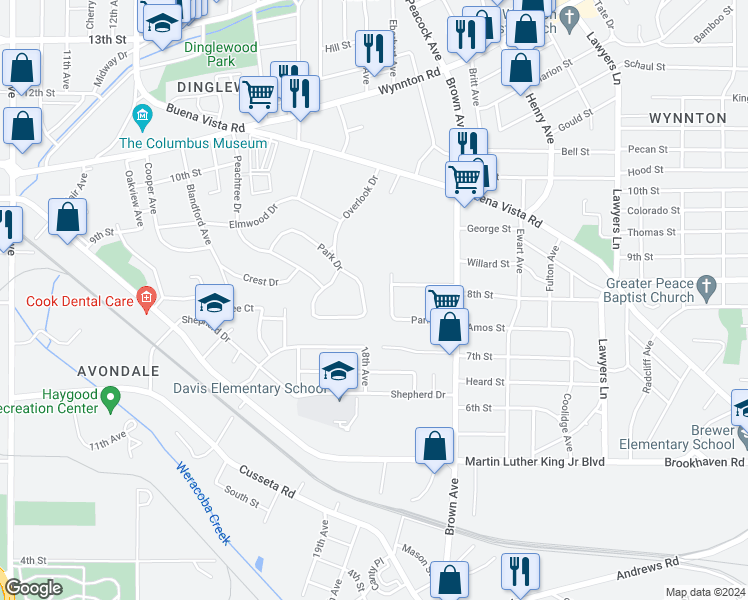 map of restaurants, bars, coffee shops, grocery stores, and more near 1873 Park Drive in Columbus