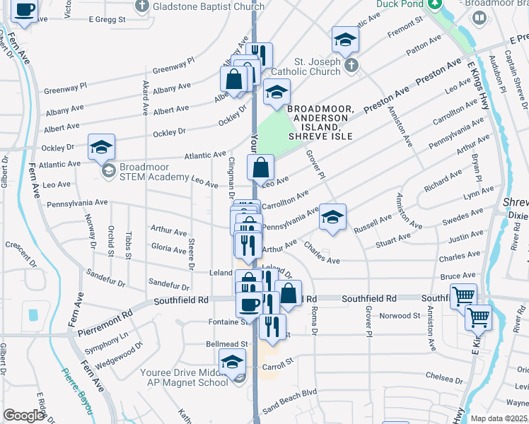 map of restaurants, bars, coffee shops, grocery stores, and more near 297 Carrollton Avenue in Shreveport